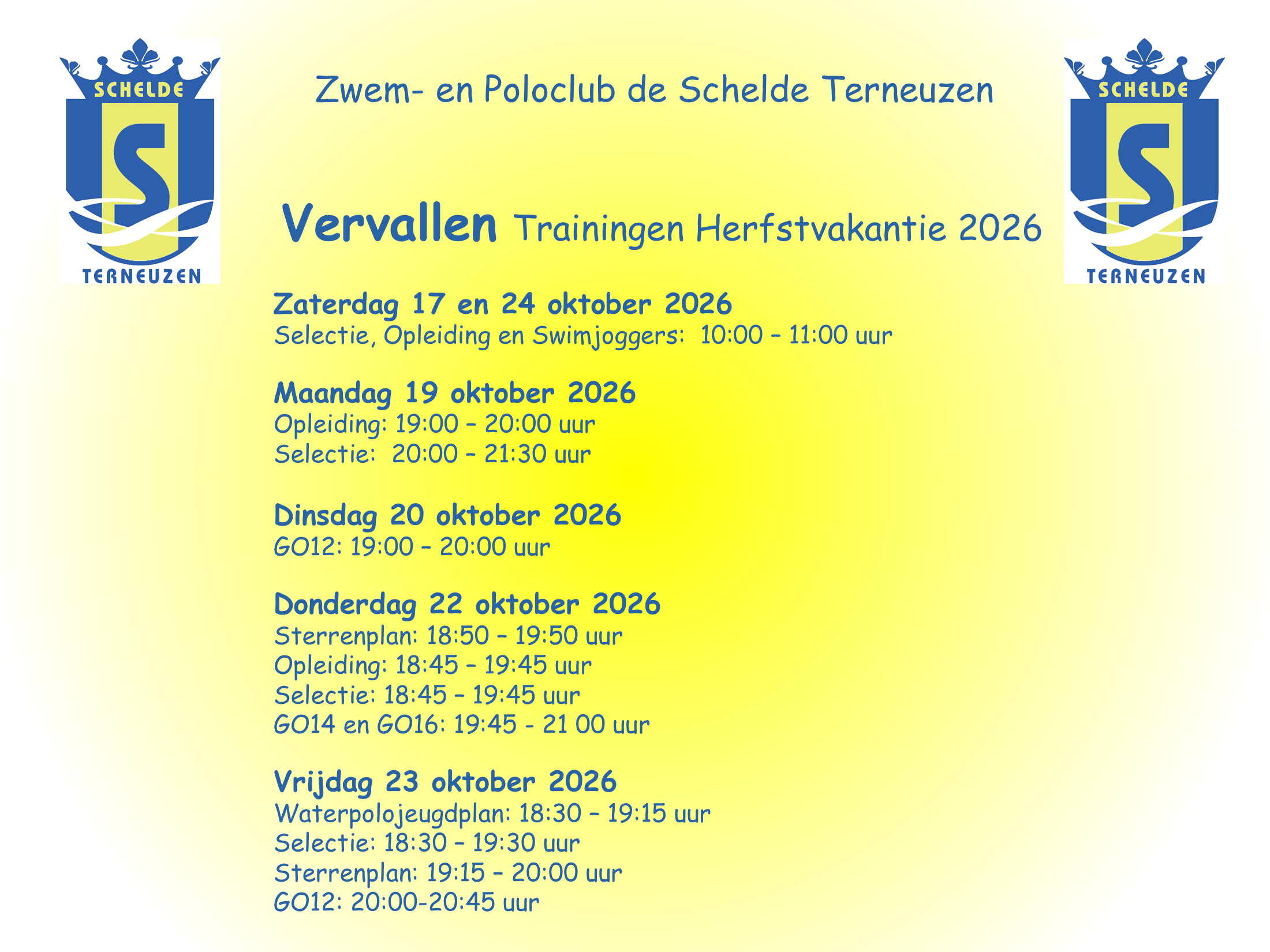 Vervallen trainingen herstvakantie 2026