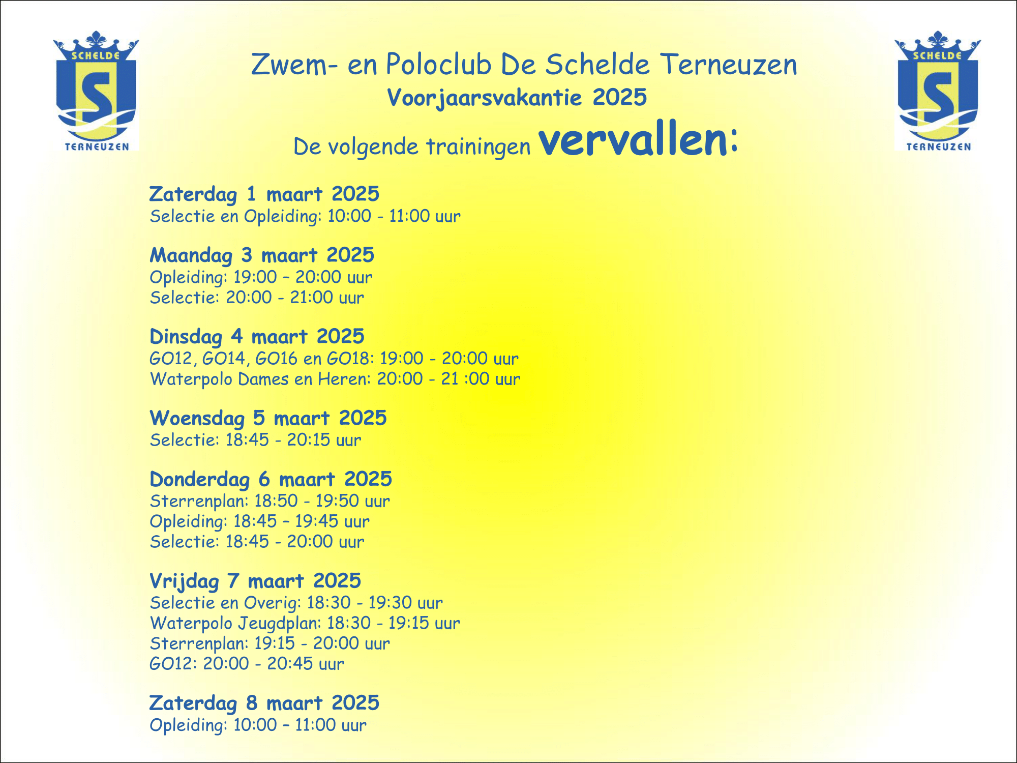 Vervallen trainingen voorjaarsvakantie 2025